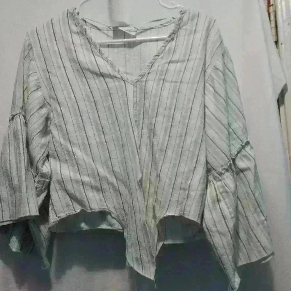 linen 100% neutral stripes, boxy huge trumpet sleeves front tie boho vintage - Picture 2 of 7